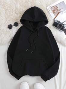 SHEIN EZwear Heart & Slogan Graphic Kangaroo Pocket Drawstring Thermal Hoodie - Black - View 2