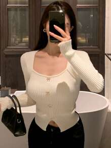 DAZY Scoop Neck Ribbed Knit Asymmetrical Hem Sweater,Long Sleeve Tops,Fall Women Clothes Crop Women Tops