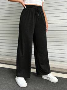 SHEIN EZwear Plus Drawstring Waist Wide Leg Sweatpants - Black - View 4