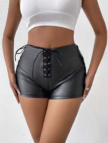 VaVaBold 正面繫帶 PU 皮革短褲 - 黑色 - 查看 5