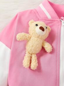 Baby Girl Letter Graphic Bear Doll Decor Bomber Jacket & Pleated Skirt - Pink - View 3