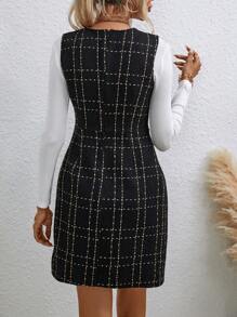 Chiquease 格紋單排釦粗花呢背帶洋裝無毛衣 - 黑色 - 查看 2