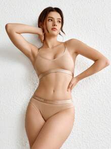 無鋼圈無痕胸罩,實色車線配飾,內衣蕾絲細節 - 杏色 - 查看 5