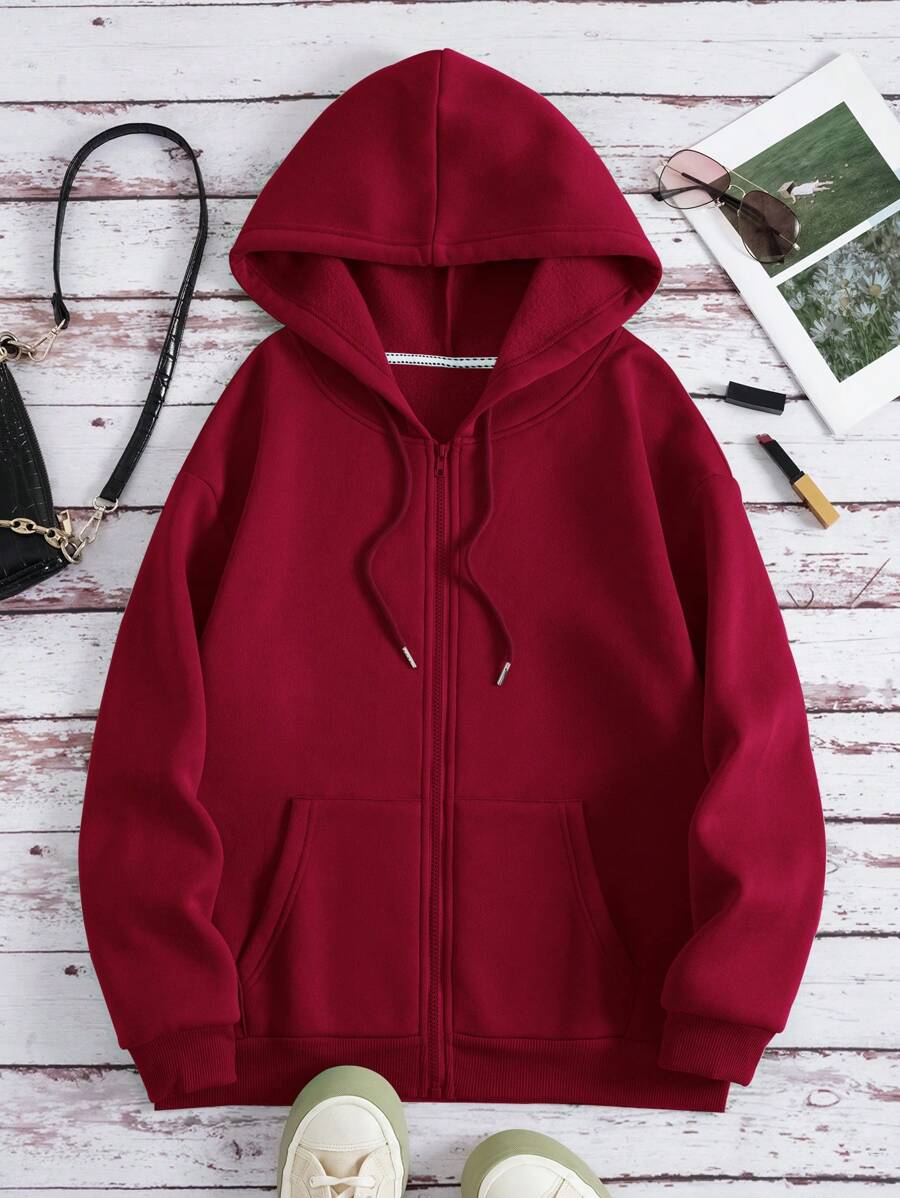 SHEIN EZwear Zip Up Drawstring Thermal Lined Hoodie Graduation,Back To School Outfits,Graduation,Teacher Outfits For Women,Back To School Pullover Fall Outfit - Burgundy - View 1