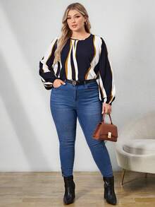 SHEIN Clasi Talla grande Blusa de color combinado de manga farol - Azul y blanco - Ver 3