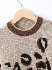 SHEIN Tween Girl Leopard Pattern Contrast Trim Sweater - Khaki - View 5