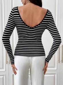 SHEIN Essnce 條紋印花船領T恤 - 黑色 - 查看 2