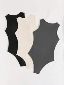 SHEIN LUNE 3pcs Solid Ribbed Knit Bodysuit - Multicolor - View 2