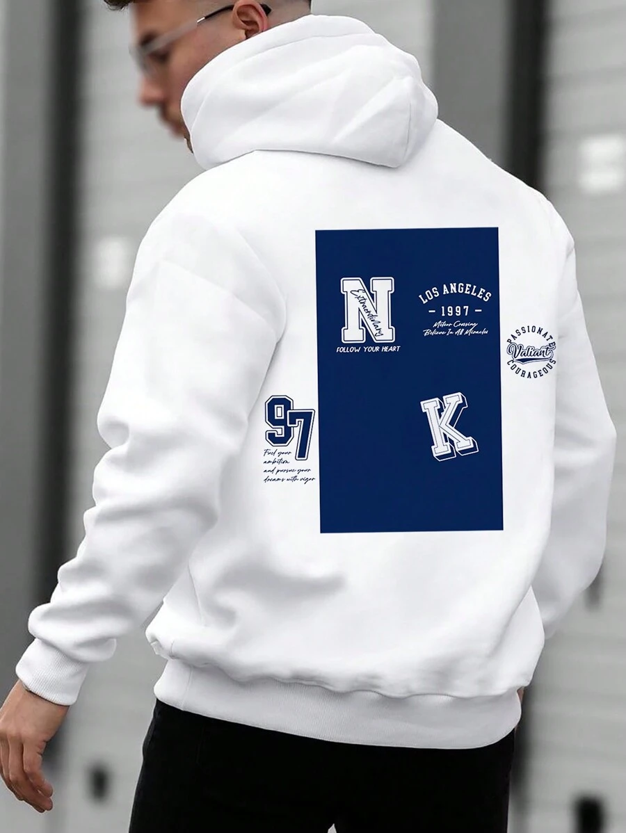 RueChic Men Slogan Graphic Drawstring Hoodie - White - View 1