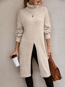 EMERY ROSE Turtleneck Drop Shoulder Split Thigh Longline Sweater,Long Sleeve Tops Knit Pullover Fall Winter Outfit - Apricot - View 6