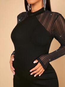 SHEIN 孕婦小高領網紗拼接緊身洋裝 - 黑色 - 查看 4
