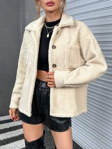 SHEIN Essnce Dual Pocket Drop Shoulder Teddy Coat - Apricot - View 6