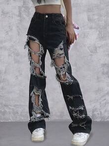 High Waist Ripped Straight Leg Jeans - Black - View 4