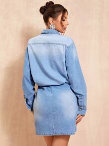 SHEIN BAE Flap Pocket Button Front Denim Dress - Blue - View 2