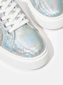 SheIn SXY 女性時尚發亮的繫帶戶外運動休閒運動鞋 - 銀色 - 查看 6