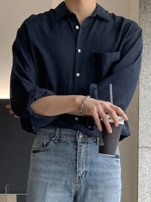 DAZY Men Solid Pocket Patched Button Front Shirt, Fall Long Sleeve Men Shirt