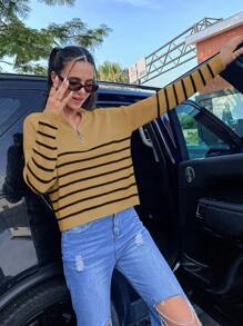 SHEIN Unity Striped Pattern Half Zip Drop Shoulder Knit Pullover Fall Winter Sweater - Yellow - View 6
