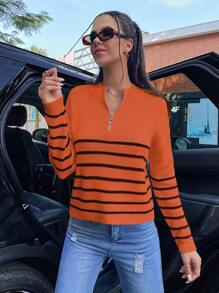 Flirla Striped Pattern Half Zip Drop Shoulder Sweater