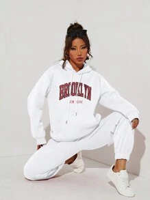 SHEIN EZwear 字母圖案抽繩連帽衫和運動褲 - 白色 - 查看 6