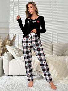 愛心和字母圖案T恤&格紋印花長褲睡衣套裝 - 黑色 - 查看 5