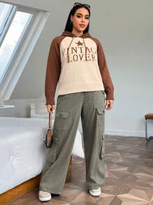 SHEIN EZwear Plus Star & Slogan Pattern Raglan Sleeve Drawstring Hooded Sweater - Rust Brown - View 5