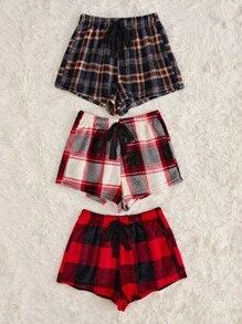 3pcs Knot Waist Plaid Flannel Sleep Shorts - Multicolor - View 5