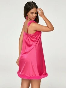 毛絨飾邊緞面吊帶洋裝 - 粉色 - 查看 2