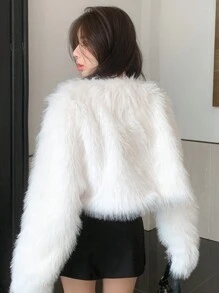 DAZY Solid Open Front Crop Fuzzy Coat Women Jacket,Fall Women Clothes Faux Fur Coat