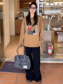 DAZY 字母圖案落肩袖超大號T恤 - 卡其色 - 查看 7