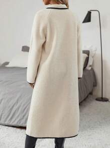 SHEIN Clasi Contrast Binding Dual Pocket Open Front Teddy Coat - Khaki - View 2