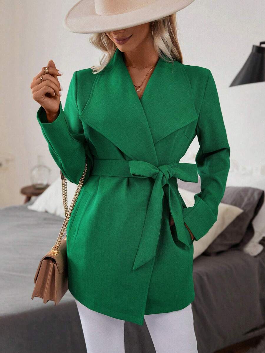 SHEIN Clasi Waterfall Collar Belted Coat - Green - View 1