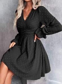 SHEIN Clasi Swiss Dot Flare Sleeve Ruched Waist Dress - Hitam - View 3
