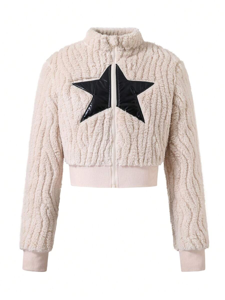 Teen Girl Star Pattern Zip Up Crop Teddy Jacket - Apricot - View 1