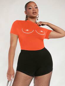 SHEIN SXY 大碼圖案T恤 - 亮橙色 - 查看 5