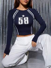 SHEIN PETITE Đồ họa Chữ cái Sọc & In số Áo phông Crop - Màu xanh lam - Xem 1