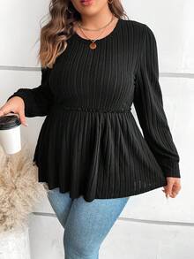 SHEIN CURVE+ Plus Solid Frill Trim Peplum Tee - Black - View 3