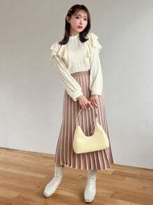 FRIFUL Solid Ruffle Trim Tee Long Sleeve Women Tops - Beige - View 5