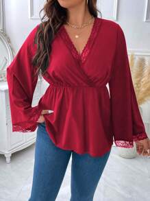 Celure Plus Contrast Lace Flare Sleeve Overlap Collar Peplum Hem Blouse - Red - View 1