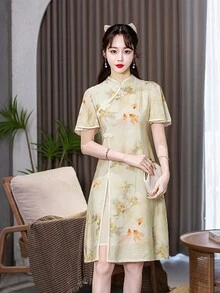 復古旗袍中式長裙 - 淺灰色 - 查看 4