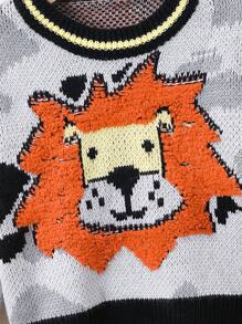 Young Boy Cartoon Pattern Striped Trim Sweater - Multicolor - View 6