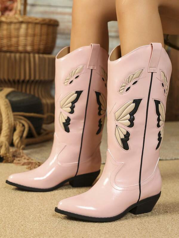 Styleloop Butterfly & Flower 3d Inlay Pink European Style Western Boots, 2024 Spring & Autumn New Arrival Fashionable PU Leather Boots, Cowboy Boots For Women
