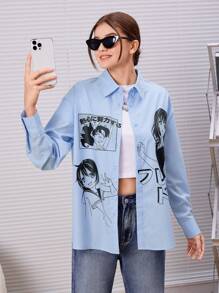SHEIN Teen Girl Figure Graphic Drop Shoulder Shirt - Baby Blue - View 1