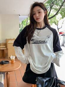 DAZY Áo thun tay dài họa tiết chữ Raglan tương phản dành cho nữ, Quần áo mùa thu cho nữ - Đen và trắng - Xem 11