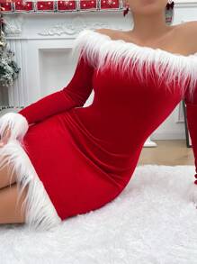 Allurite 毛茸邊一字肩毛茸邊緊身洋裝 - 紅色 - 查看 1