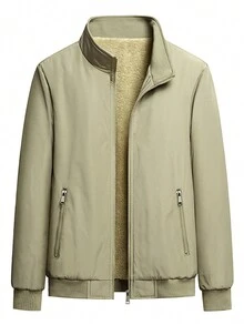 Manfinity Homme 寬鬆版式男士加絨連帽拉鍊夾克 - 卡其色 - 查看 3