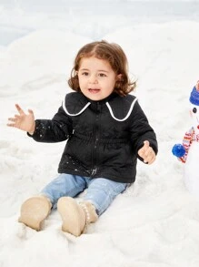 SHEIN Baby Girl Contrast Binding Zipper Wave Quilted Coat - Black - View 4