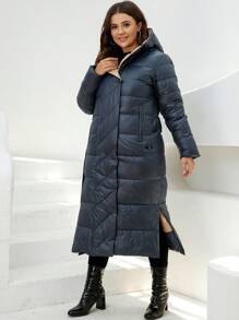 HaiLuoZi Plus Zip Pocket Hooded Padded Coat - Navy Blue - View 1