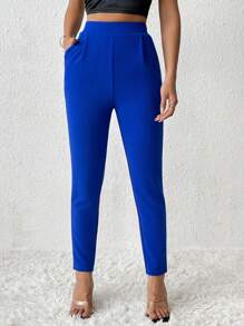 SHEIN PETITE Solid Slant Pocket Pants - Navy Blue - View 3