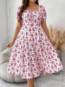 SHEIN Clasi 大碼波西米亞高衩 前綁帶蝴蝶結 胸部褶皺小碎花連衣裙 - 紅白色 - 查看 4