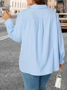 SHEIN Unity Plus Contrast Mesh Ruffle Trim Button Front Shirt - Blue - View 2